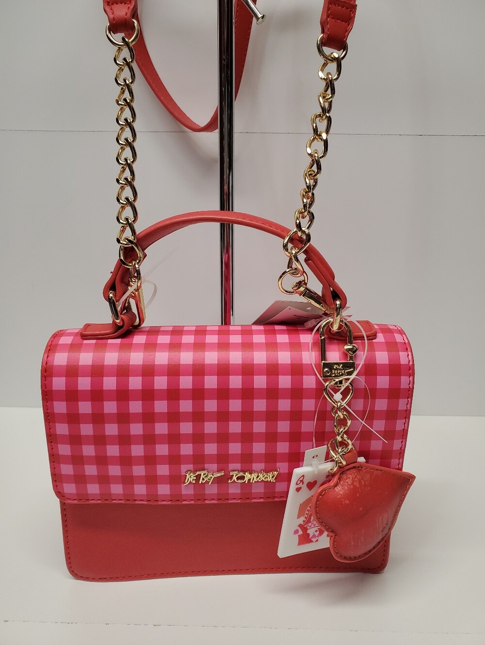 Betsey Johnson Red Plaid Top-Handle Crossbody Mini Bag with Gold Chain